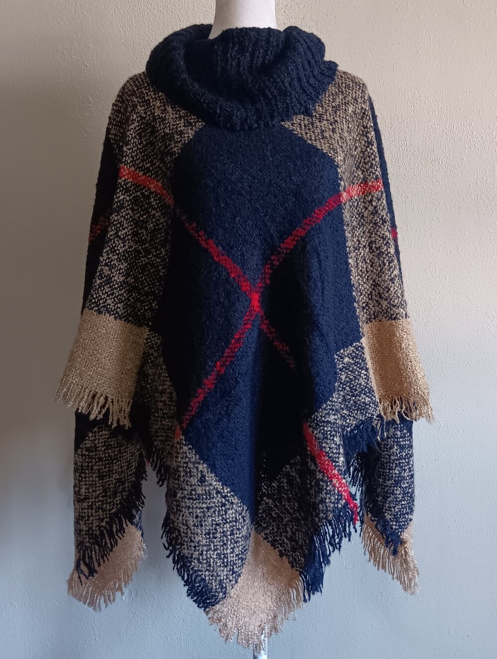 Navy Plaid Fringe Cowl Poncho Wrap, Cabincore Fall Boho Layered Knit, One Size